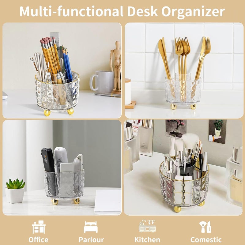 Dimonluce Gold Desk Accessories, Office Desk Organizers and Accessories 360°Pen Holder Acrylic Stapler Set, Phone Holder, Ballpoint Pen, Scissor, Binder Clips, Ruler, Transparent Glue, Sticky Note and Staples. - Image 4